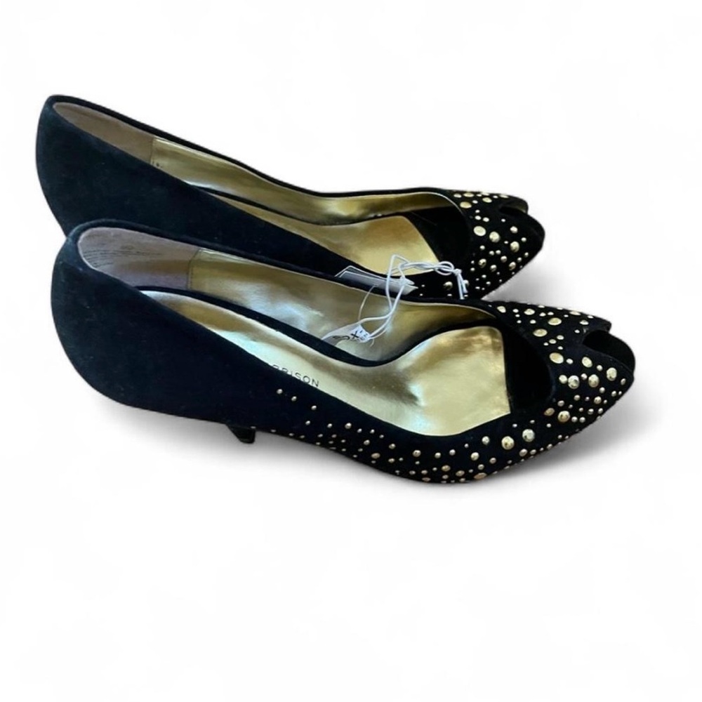 Sigerson Morrison Black and Gold Studded High Heels Shoes 9.5 NWT